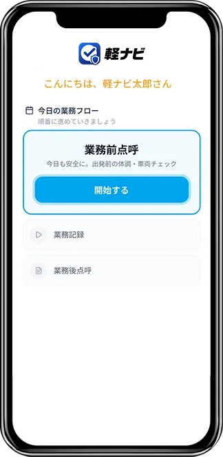 軽ナビで今日の点呼を開始する画面