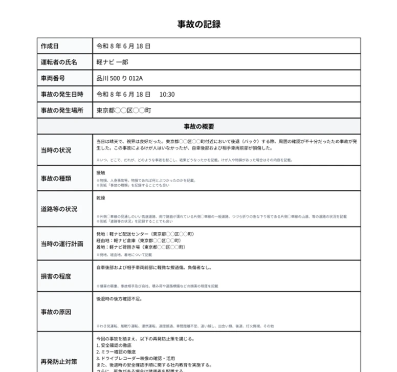 事故の記録の出力イメージ