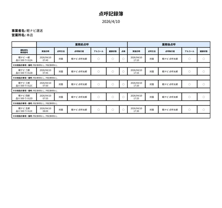 点呼記録簿の出力イメージ